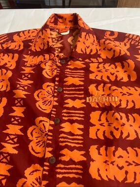 Da Hui Orange & Maroon Tropical Print Short-Sleeve Button-Down Shirt